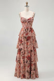Dusty Sage A Line Corset Tiered Print & Floral Long Bridesmaid Dress with Slit