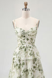 Dusty Sage A Line Corset Tiered Print & Floral Long Bridesmaid Dress with Slit