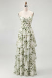 Dusty Sage A Line Corset Tiered Print & Floral Long Bridesmaid Dress with Slit