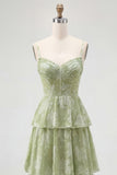 Dusty Sage A Line Corset Tiered Print & Floral Long Bridesmaid Dress with Slit