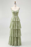 Dusty Sage A Line Corset Tiered Print & Floral Long Bridesmaid Dress with Slit