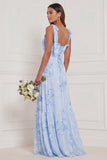 Blue Floral A Line Square Neck Long Bridesmaid Dress