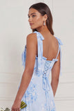 Blue Floral A Line Square Neck Long Bridesmaid Dress