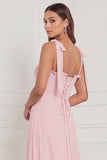 Blue Floral A Line Square Neck Long Bridesmaid Dress