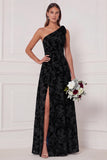 One Shoulder A Line Blue White Flower Bridesmaid Dress with Slit