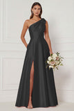 One Shoulder A Line Satin Pink Bridesmaid Dress with Slit