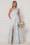One Shoulder A Line Blue White Flower Bridesmaid Dress with Slit