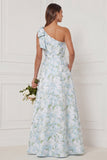 One Shoulder A Line Blue White Flower Bridesmaid Dress with Slit