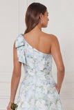 One Shoulder A Line Blue White Flower Bridesmaid Dress with Slit