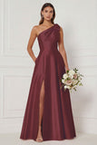 One Shoulder A Line Satin Pink Bridesmaid Dress with Slit