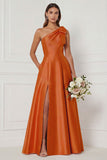 One Shoulder A Line Satin Pink Bridesmaid Dress with Slit