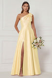 One Shoulder A Line Satin Pink Bridesmaid Dress with Slit