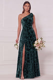One Shoulder A Line Blue White Flower Bridesmaid Dress with Slit