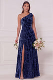 One Shoulder A Line Blue White Flower Bridesmaid Dress with Slit
