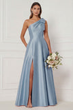 One Shoulder A Line Satin Pink Bridesmaid Dress with Slit
