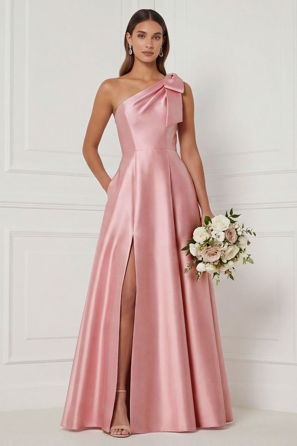 one shoulder dusty pink bridesmaid dresses KissProm