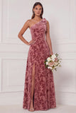 One Shoulder A Line Blue White Flower Bridesmaid Dress with Slit