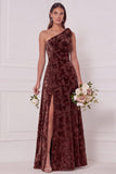 One Shoulder A Line Blue White Flower Bridesmaid Dress with Slit