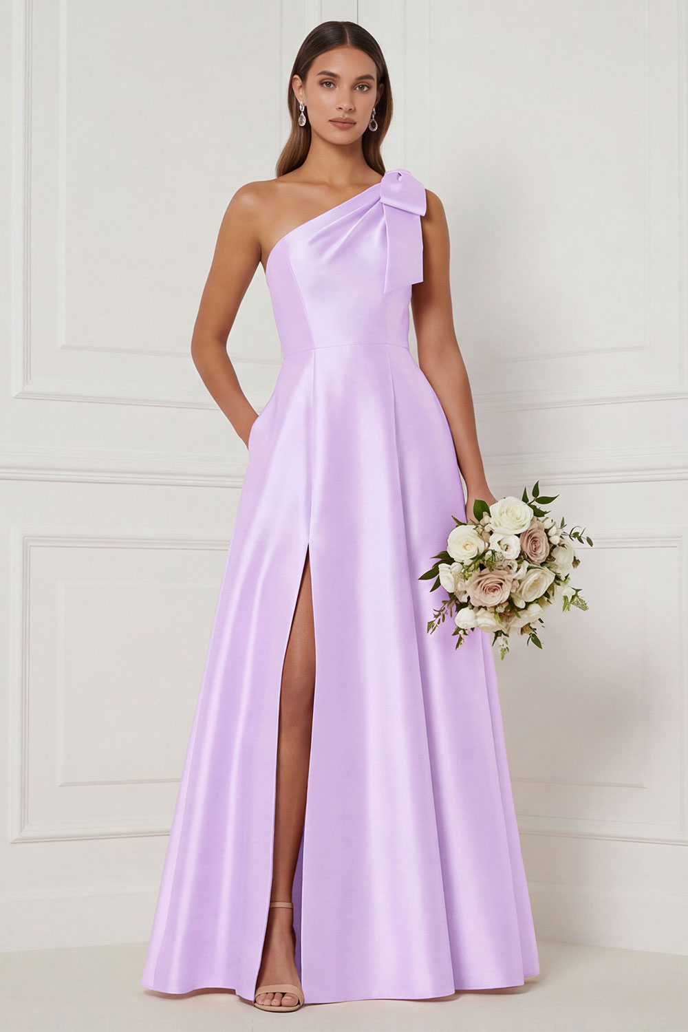 One Shoulder A Line Satin Pink Bridesmaid Dress with Slit