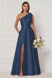 One Shoulder A Line Satin Pink Bridesmaid Dress with Slit