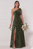 One Shoulder A Line Blue White Flower Bridesmaid Dress with Slit