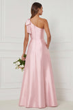 One Shoulder A Line Satin Pink Bridesmaid Dress with Slit