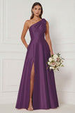 One Shoulder A Line Satin Pink Bridesmaid Dress with Slit