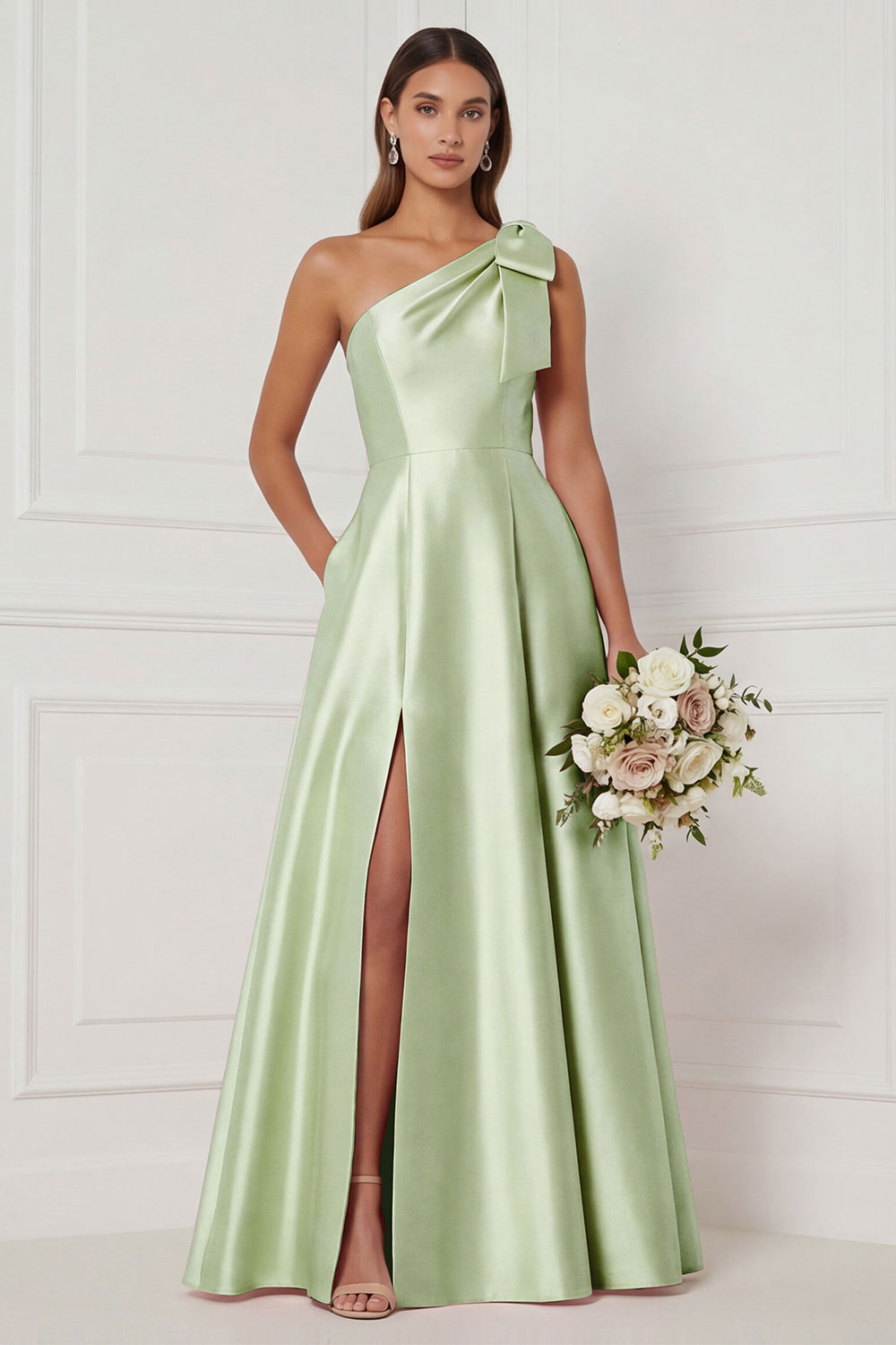 sage green and pink bridesmaid dresses mismatched olive green and blush bridesmaid dresses with ruffles, lace and slits for a spring or summer wedding
