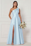 One Shoulder A Line Satin Pink Bridesmaid Dress with Slit
