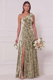 One Shoulder A Line Blue White Flower Bridesmaid Dress with Slit