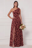 One Shoulder A Line Blue White Flower Bridesmaid Dress with Slit