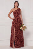 One Shoulder A Line Blue White Flower Bridesmaid Dress with Slit