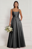 Lilac A Line Corset Satin Square Neck Long Bridesmaid Dress