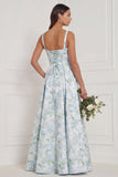 Blue White Floral Printed Corset Square Neck A Line Bridesmaid Dress