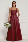 Lilac A Line Corset Satin Square Neck Long Bridesmaid Dress