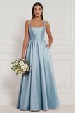 Lilac A Line Corset Satin Square Neck Long Bridesmaid Dress