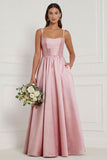 Lilac A Line Corset Satin Square Neck Long Bridesmaid Dress