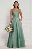 Lilac A Line Corset Satin Square Neck Long Bridesmaid Dress