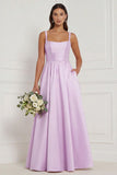 Lilac A Line Corset Satin Square Neck Long Bridesmaid Dress