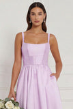 Lilac A Line Corset Satin Square Neck Long Bridesmaid Dress