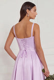 Lilac A Line Corset Satin Square Neck Long Bridesmaid Dress