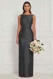 Sage Green Sheath Bateau Neck Satin Bridesmaid Dress