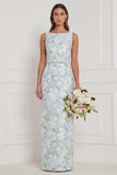 Sheath Blue White Floral Bateau Neck Long Bridesmaid Dress