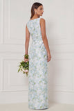 Sheath Blue White Floral Bateau Neck Long Bridesmaid Dress