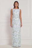 Sheath Blue White Floral Bateau Neck Long Bridesmaid Dress