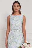 Sheath Blue White Floral Bateau Neck Long Bridesmaid Dress
