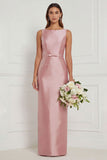 Sage Green Sheath Bateau Neck Satin Bridesmaid Dress