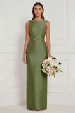 Sage Green Sheath Bateau Neck Satin Bridesmaid Dress
