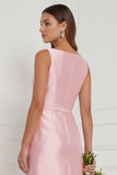 Sage Green Sheath Bateau Neck Satin Bridesmaid Dress