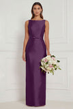 Sage Green Sheath Bateau Neck Satin Bridesmaid Dress